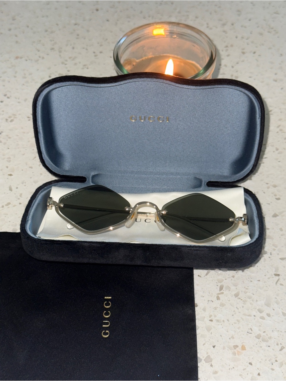 Gucci Silver Frame Sunglasses with Dark Green Lenses
